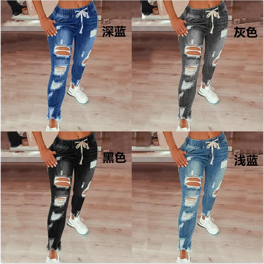 Women's S-5XL Size Tight Waist Jeans Women's Mid Waist Lace up Slim Fit Elastic Feet Pants Perforated Denim Pants