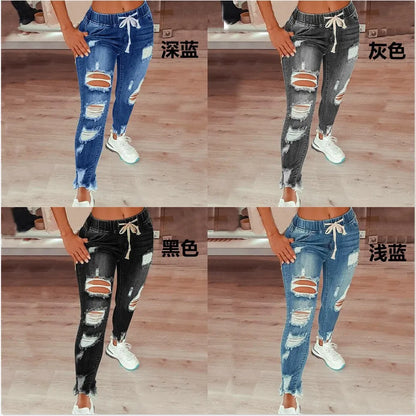 Women's S-5XL Size Tight Waist Jeans Women's Mid Waist Lace up Slim Fit Elastic Feet Pants Perforated Denim Pants