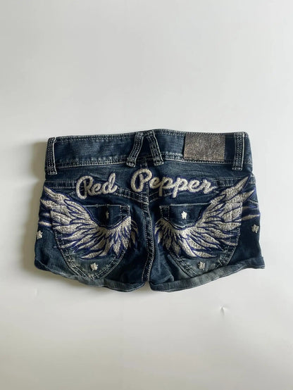 Y2K Japan Street Hottie Wing embroidery vintage Denim Shorts Harajuku Slim Skirt Light Blue Jean Low Waist Short Mini Skirt