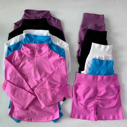 No Logo 2pcs Long Sleeve Yoga Set Women Half Zippy Jacket Longline Sports Top Gym Shorts Fitness Suits Running Coats Workout Set