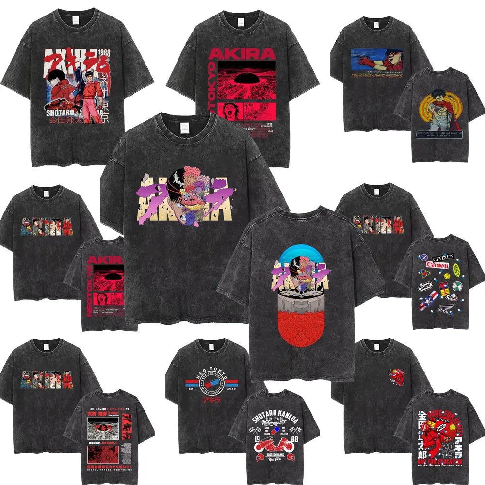 Washed Vintage Anime Akira T Shirts Japanese Science Fiction Cartoon Movie Shotaro Kaneda T-shirt Men's Manga Oversized T-shirts