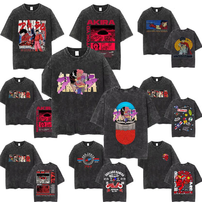 Washed Vintage Anime Akira T Shirts Japanese Science Fiction Cartoon Movie Shotaro Kaneda T-shirt Men's Manga Oversized T-shirts