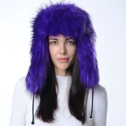 Plush Raccoon Fur Hat Women Thicken Faux Fur Earflap Hat Winter Warm Russian Ushanka Hats Windproof Furry Bomber Cap