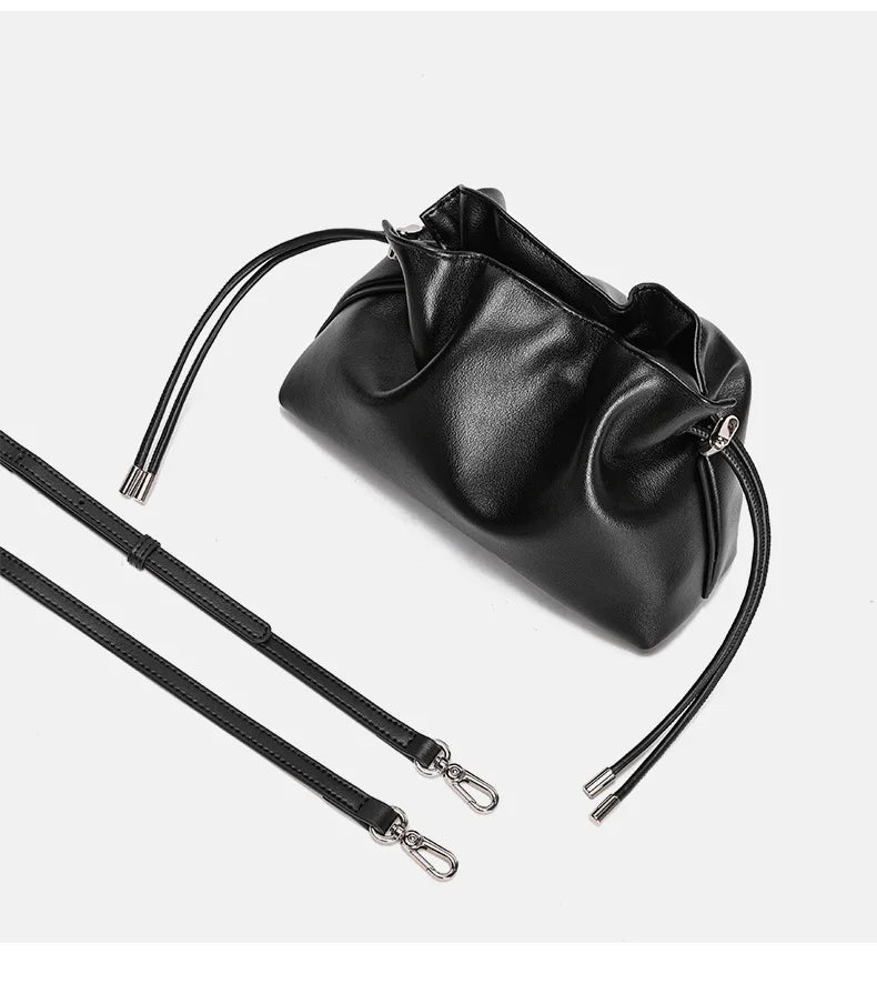 Luxury Pleated Cloud Crossbody Bag - Premium Genuine Leather Drawstring Shoulder Purse, Versatile Small Bag for Elegant Lady