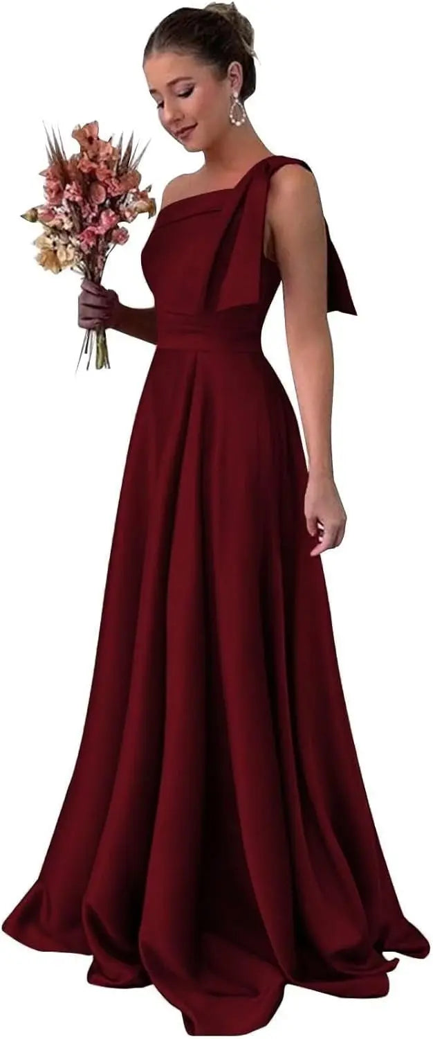 One Shoulder Large Bow Bridesmaid Dress with Pleated Satin and Pockets Simple ,Stylish Ball Dressadies' Guest One Shoulder Dress