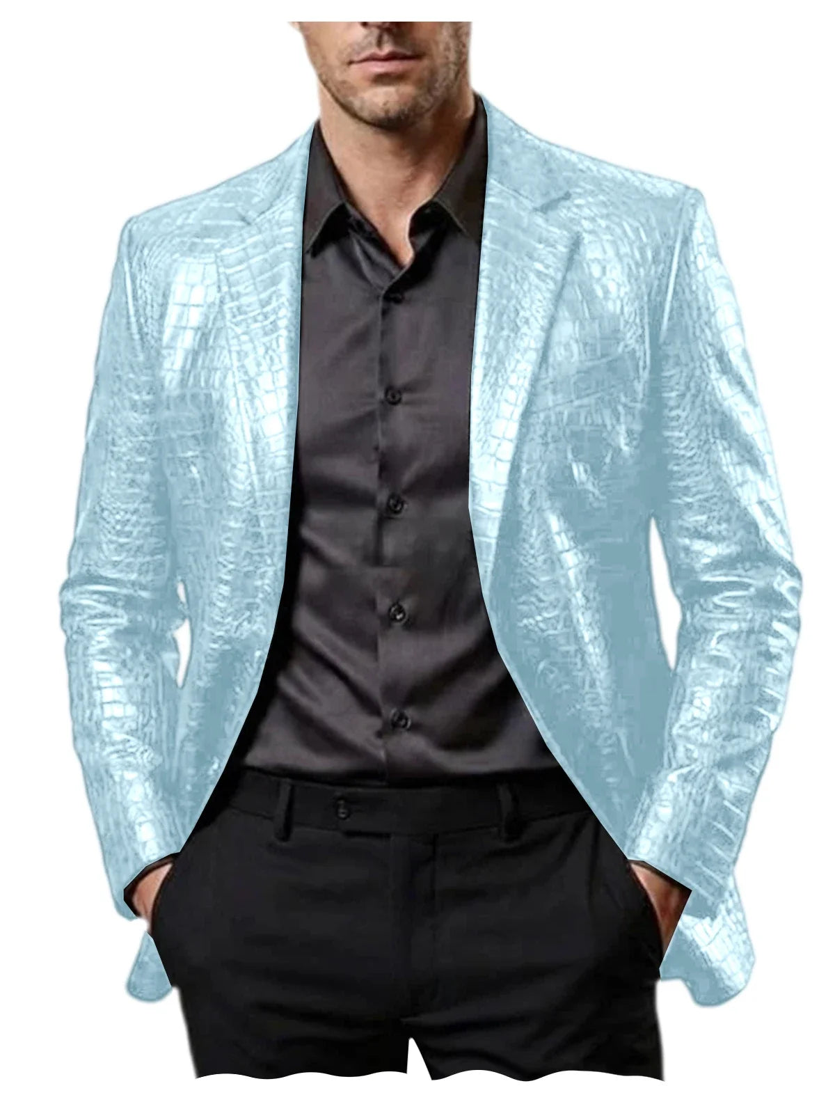 Men Crocodile Texture Leather Blazer Notched Lapel Slim Fit Single Breasted Suit Jacket Nightclub Party Business Outer Coat