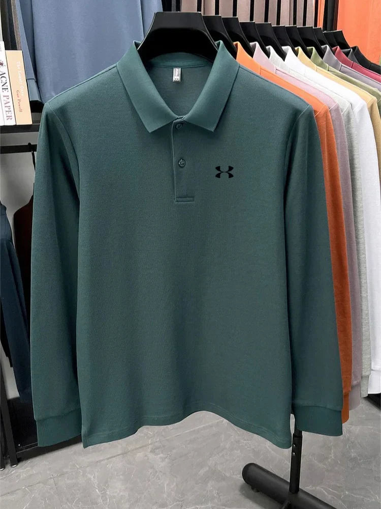 Men's brand polo shirt letter printed long sleeved top spring new 100% cotton casual sports breathable lapel fashionable T-shirt