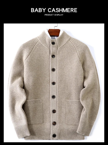 100% Pure Cashmere Sweater for Men's Cardigan Half Turtleneck Knitted Jacket for Winter High-End Business Thickened Sweater