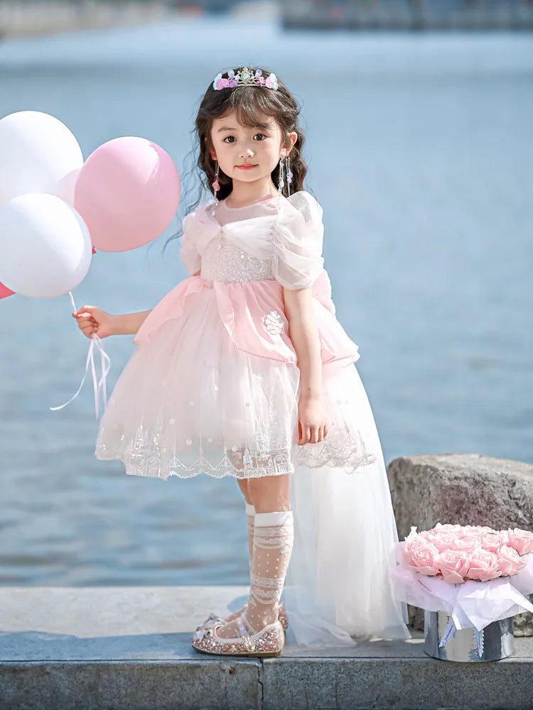 Sweet Baby Girls Princess Lolita Dress Kids 2026 New Summer Fashion Sequined Tulle Embroidery Puff Sleeve Performance Tutu Dress