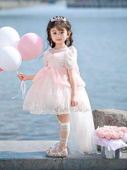 Sweet Baby Girls Princess Lolita Dress Kids 2026 New Summer Fashion Sequined Tulle Embroidery Puff Sleeve Performance Tutu Dress
