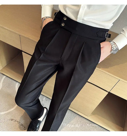 British Style Naples Solid Color High Waist Suit Pants High Quality Men Formal Business Social Party Wedding Casual Trousers