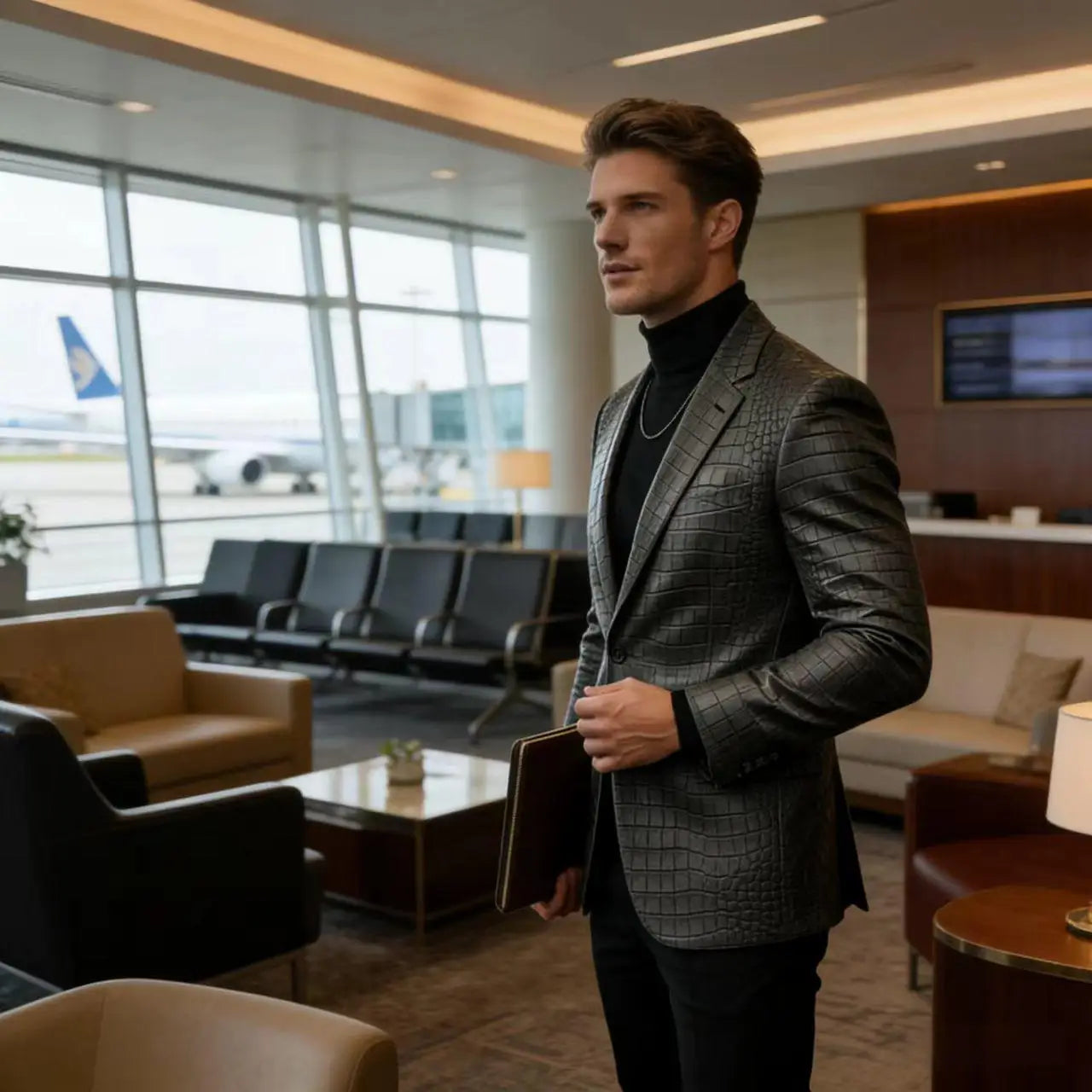 Men's Crocodile Embossed Leather Blazer British Vintage Notched Lapel Slim Fit Business Suit Jacket Two Button Flap Pockets Coat