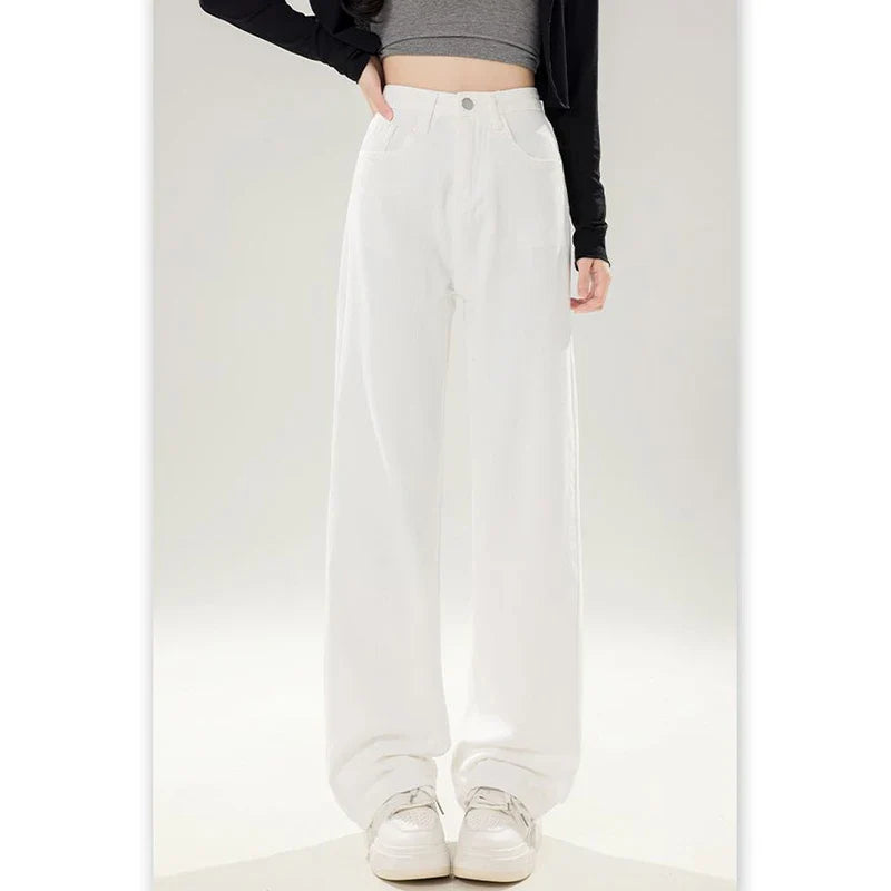 Lady Korean Fashion High Waist Jeans Pants Women Loose Fit Denim Trousers Girls White Casual Straight Leg Pants
