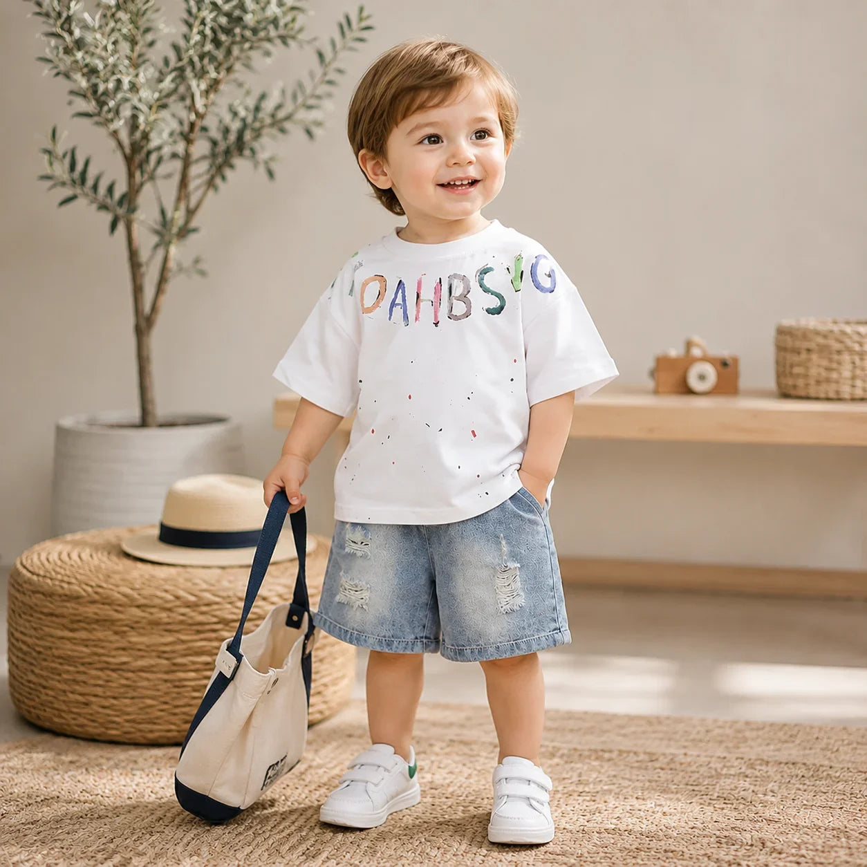 Toddler Boys Summer Outfit Set, Short Sleeve Letter Print T-Shirt + Ripped Denim Shorts, Casual Kids 2Pcs Clothes Set