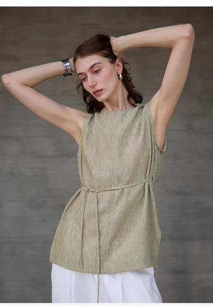 100% Linen Mid-Length Round Neck Women's Tank Top American Vintage Ladies Top Mujer Summer Lace-up Loose Sleeveless Tops