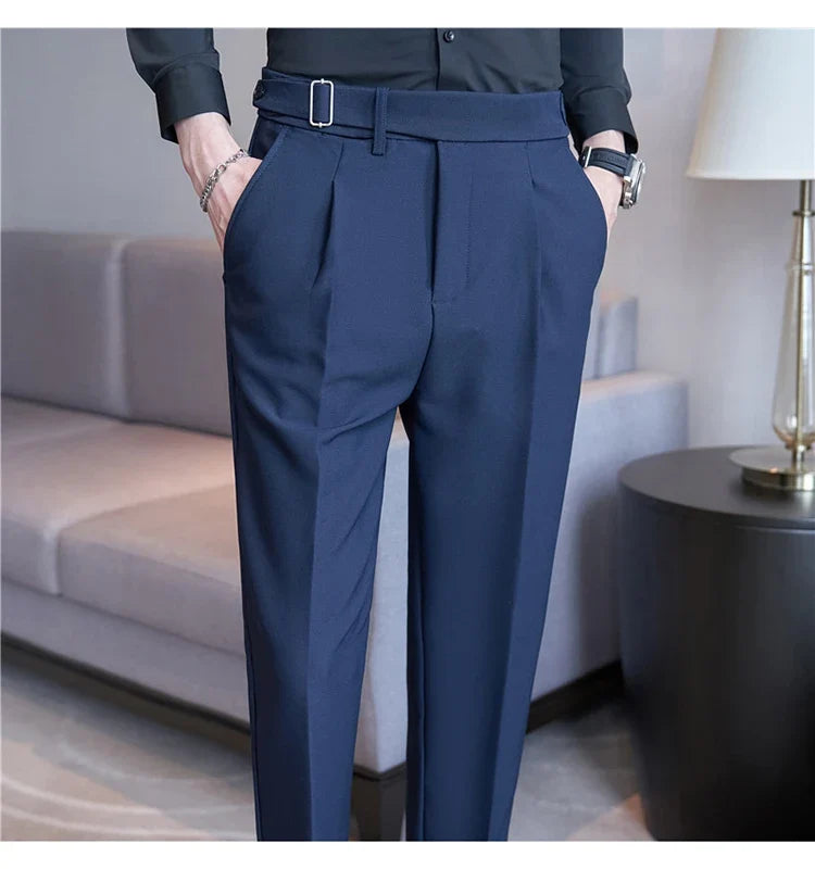 2026 Texture Naples Men's Solid Color Casual Pants Fashion Belt Design Slim Fit Suit Pants Formal Wear Wedding Social Trousers