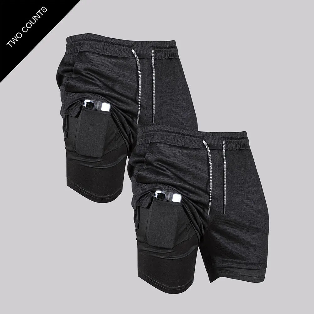 Men's Double Layer Fitness Shorts Men Fitness Gym Training 2 in 1 Sports Shorts Quick Dry Workout Jogging Double Deck Summer