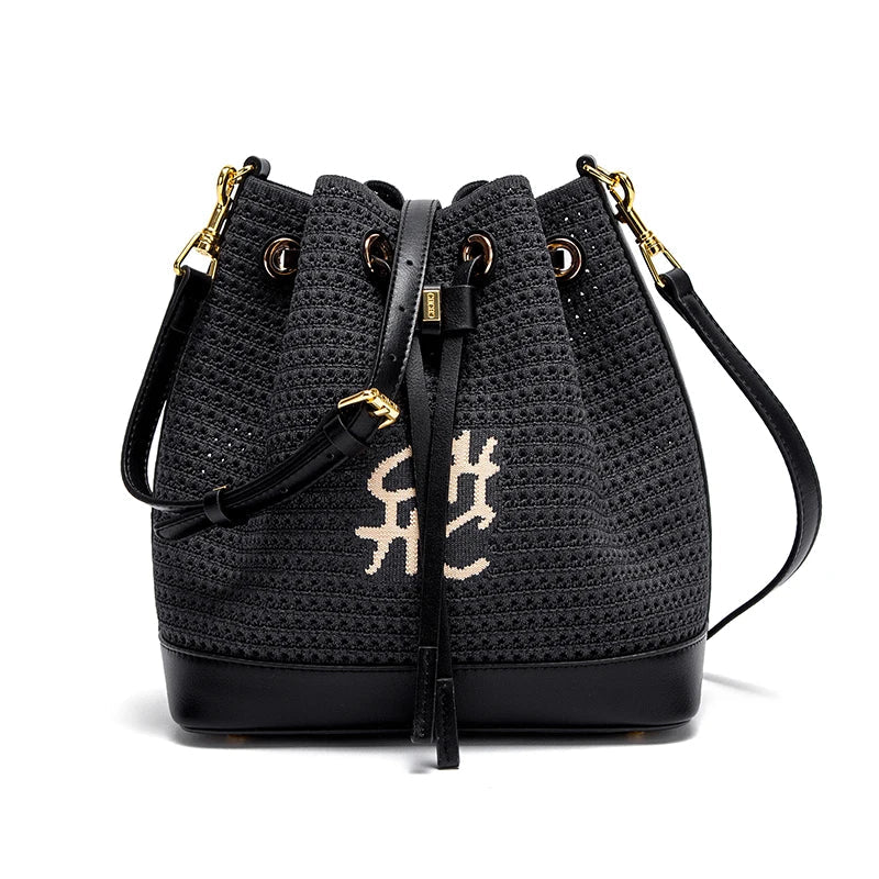 Women's Bucket Bag Spring New Fabric Splicing Design Handbag Vacation Style Women's Shoulder Bag