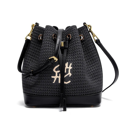 Women's Bucket Bag Spring New Fabric Splicing Design Handbag Vacation Style Women's Shoulder Bag