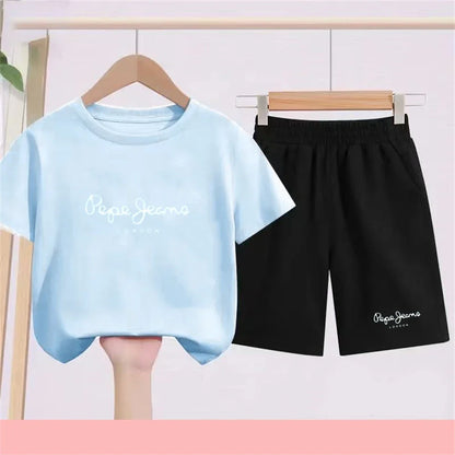 Summer T-shirt Children Short Sleeve Age 3-12 Girls Boy Set White Tshirt+Shorts 2pcs Youngster Cool Refreshing Kids Print Set
