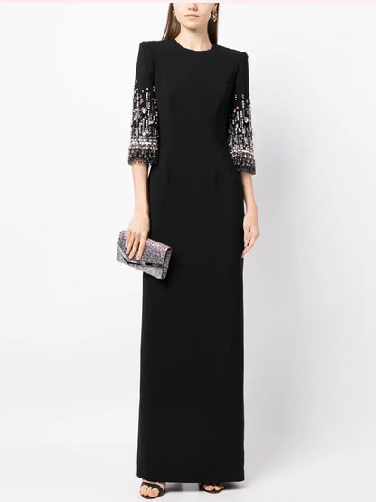 HIGH STREET Newest Fashion 2026 S/S Designer Vestido Women's Half Sleeve Stunning Beaded  Long Maxi Dress
