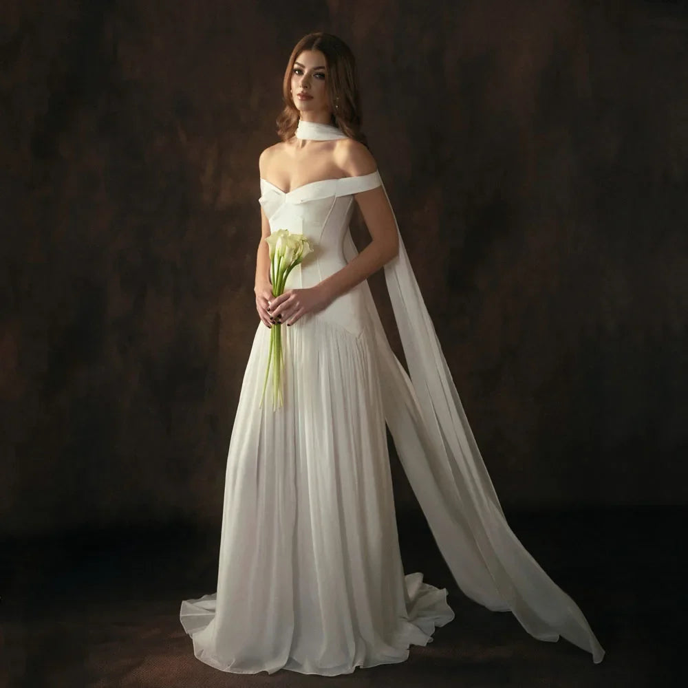 Off The Shoulder Chiffon A Line Wedding Dress Pleated Corset Back Bride Gowns Strapless vestido de casamento noiva civil 2026