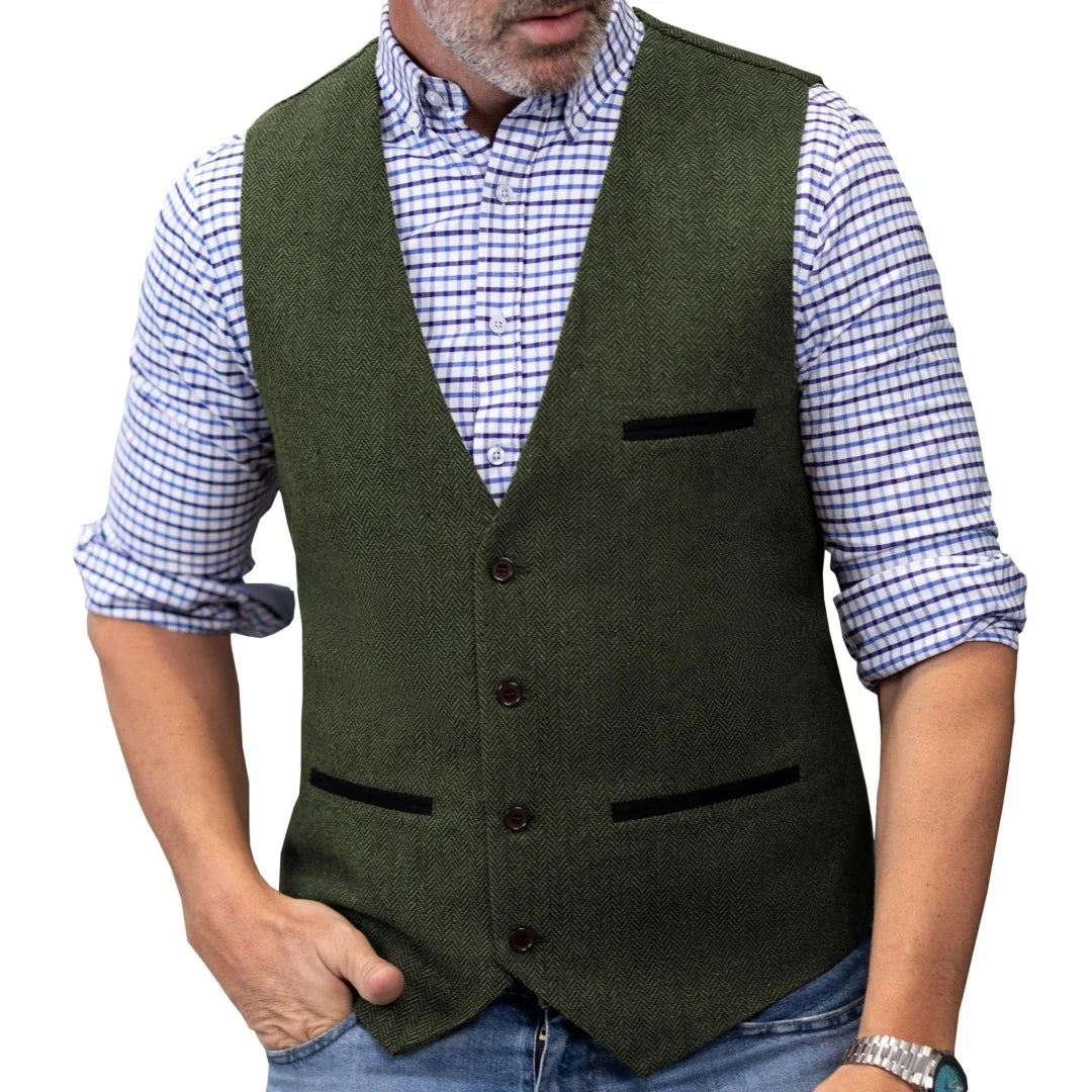 Men Vest Brown V Neck Single ButtonTweed Casual Business Waistcoat For Wedding Party Banquet Prom Work Men Suit Vest
