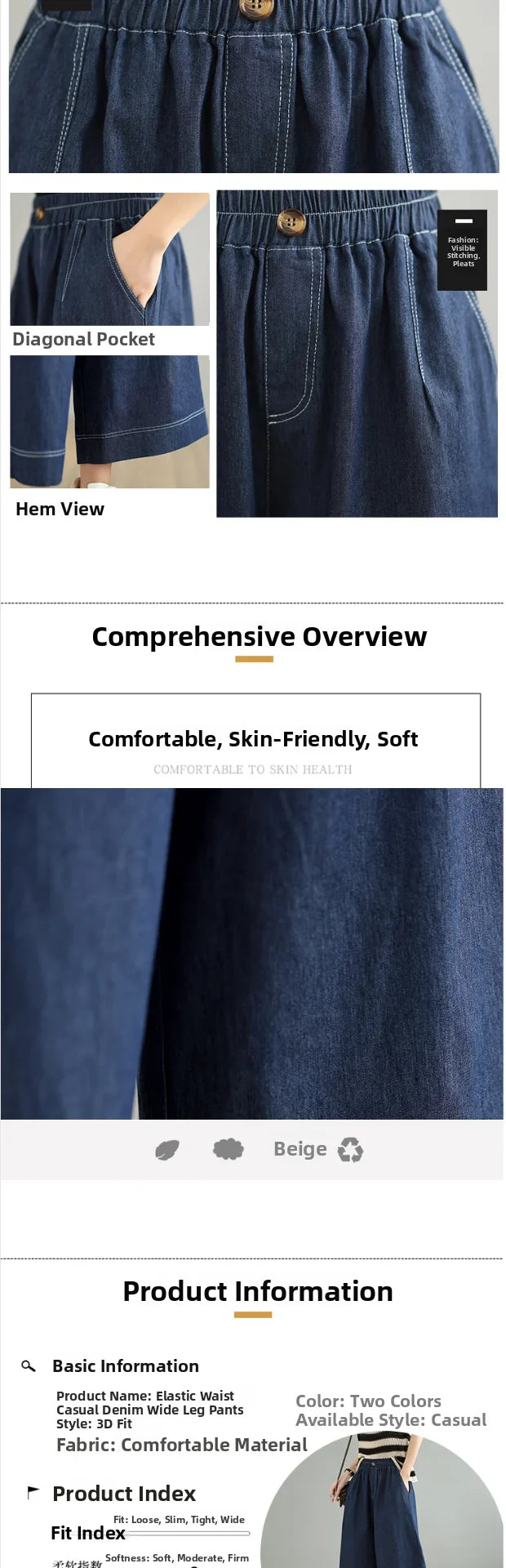 Spring 2026 plus Size Elastic Waist Denim Pants Women's Loose Wide Leg Casual Nine Point Skirt Pants High Waist Blue Jeans