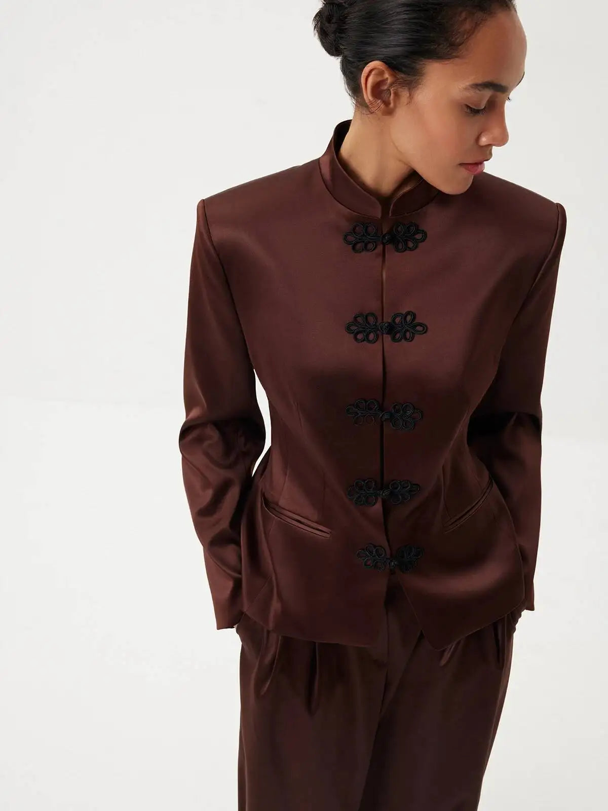 Women's Spring Summer Mandarin Collar Frog Button Cropped Chinese Style Blazer Casual 2026 Trendy Feminine Fashion Coat