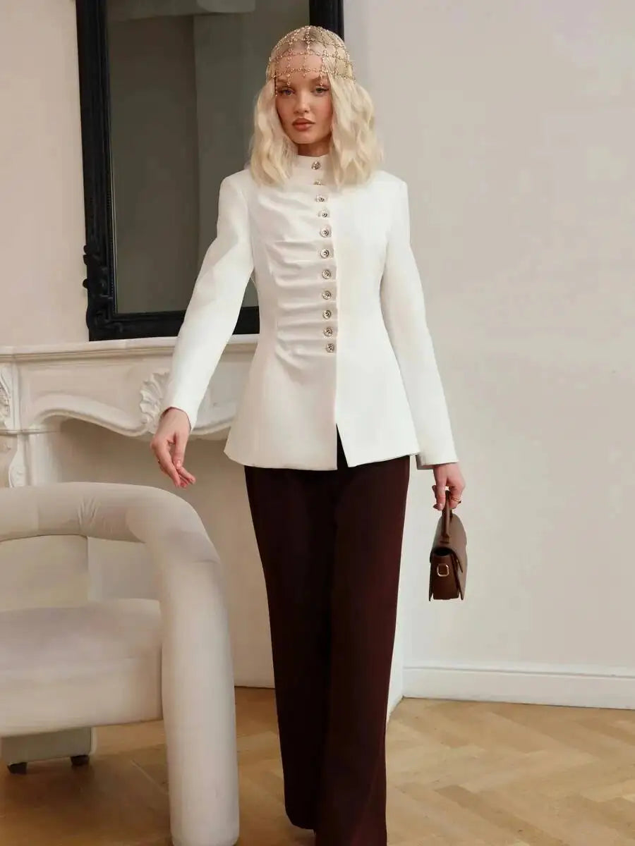 Women 2026 Spring Autumn Mandarin Collar Blazer Ruched Front Multi Row Buttons Long Sleeve Fit Formal Office Outerwear Coat