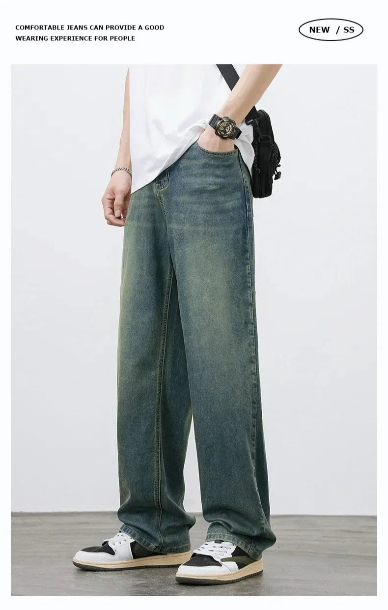 2025Spring Autumn New Men Straight Vintage Fit Jeans Casual Trousers High Quality Male Korean Fashion Baggy Wide Leg Denim Pants