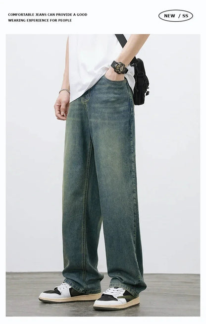 2025Spring Autumn New Men Straight Vintage Fit Jeans Casual Trousers High Quality Male Korean Fashion Baggy Wide Leg Denim Pants