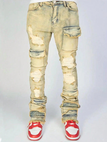 Men Jeans Long Pant Denim Flare Pants Hole Straight Trousers Slim Fit High Waist Casual Button Pocket Splice Autumn Winter