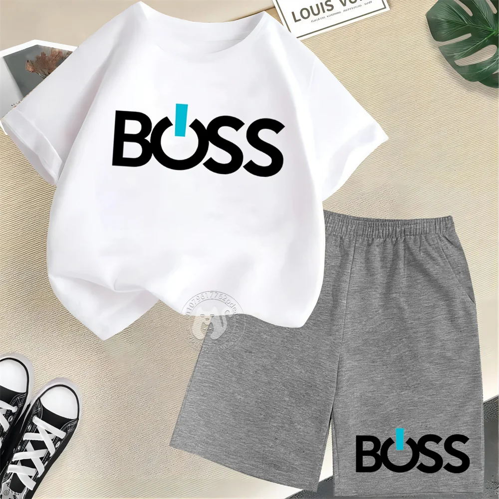 Simple letter BOSS Print Teen boys Girls street casual suit top Kids Summer  Short sleeve T-shirt + Shorts
