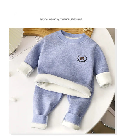 New Children's Warm Underwear Set Boys and Girls Winter Cartoon Plus Velvet Thick Round Neck Sleepwear 2PCS Set