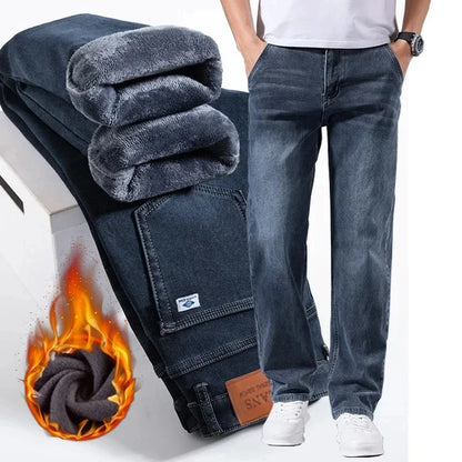Winter Fleece Men Jeans Thick Stretch Business Casual Trousers Classic Loose Straight Warm Velvet Denim Pants Office Daily Wear