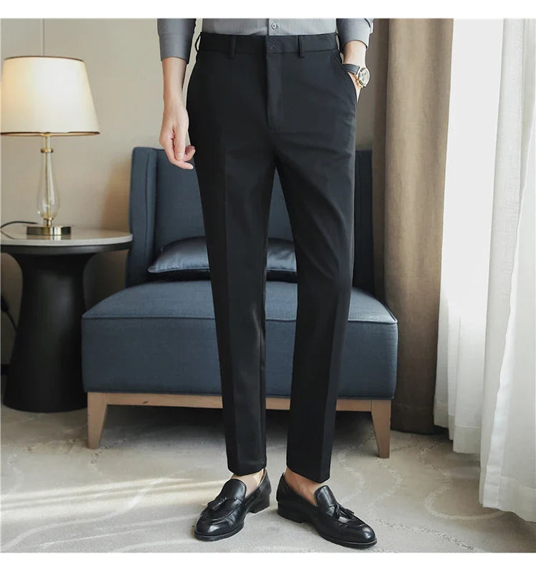 Autumn Mens Fashion Embroidered Trousers Korean Business Dress Solid Suit Pant Formal Office Social Slim Fit Casual Suit Pants