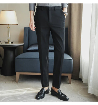 Autumn Mens Fashion Embroidered Trousers Korean Business Dress Solid Suit Pant Formal Office Social Slim Fit Casual Suit Pants