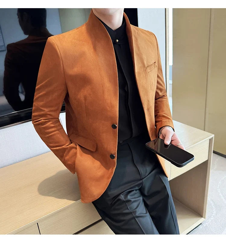 High Quality Cowhide Suede Suit Coats Men Fashion Slim Fit Stand Up Collar Business Casual Jacket Formal Groom Social Tuxedos