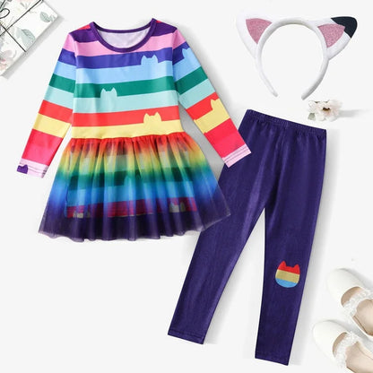 Girls Rainbow Striped Halloween Costume Cat Cosplay 2Pcs Sets For Children Summer Clothing Birthday Gifts Suit