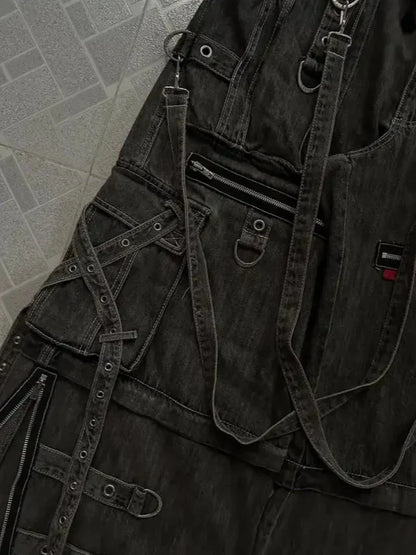 Mens Jeans Harajuku Vintage Gothic Punk Dark Grey Cargo Denim Pants Metal Buckles Chains Multi Pocket Adjustable Strap Y2K New