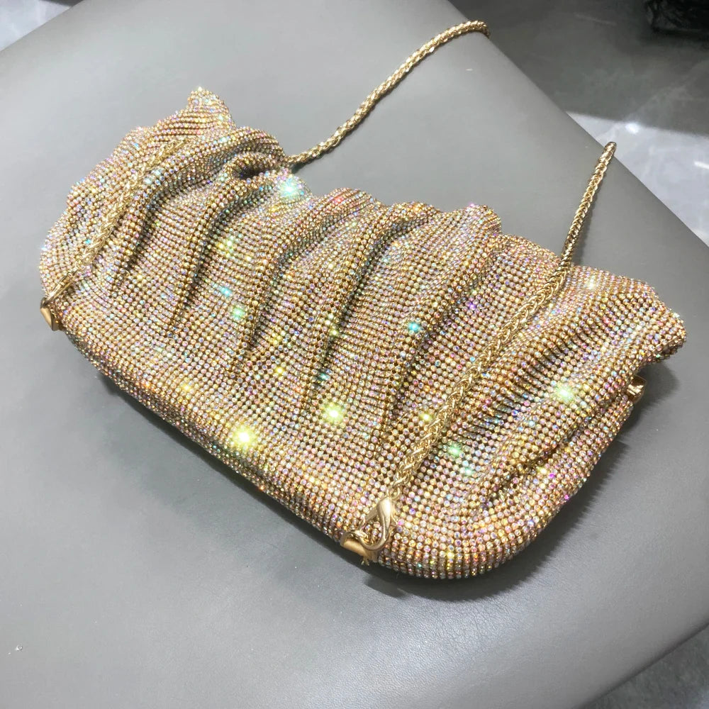 Shiny Handle Rhinestones Handmade Evening Clutch Bags New Folds Purses And Handbags Luxury Designer Wedding Party High Quality
