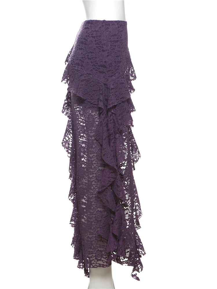 Women Tassel Skirt Irregular Hem Multi Layered Ruffles Lace Patchwork Sweet Summer Daily Wear Skinny Versatile Purple Skirt