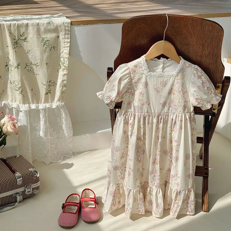 Floral Square Neck Girl's Dress French Gentle Style Summer Lace Short Sleeved Children's Cake Princess Dress Children's Clothing