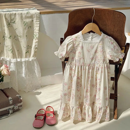 Floral Square Neck Girl's Dress French Gentle Style Summer Lace Short Sleeved Children's Cake Princess Dress Children's Clothing