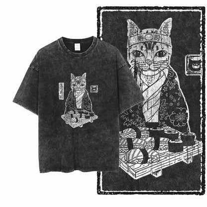 Cat Printed Cotton Acid Washed Exclusive Graphic Unisex T Shirt Cool Streetwear Men Tshirts Big Size Tee for Men