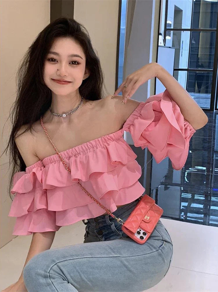 Off Shoulder Fashion Woman Blouse Stacked Ruffles Crop Top Shirt Summer Designer Short Sleeve Chiffon Sexy 2023 New