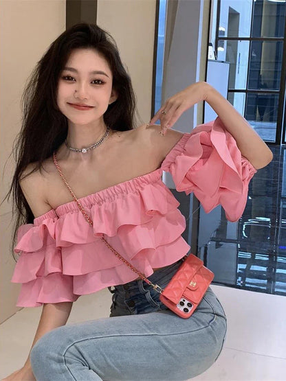 Off Shoulder Fashion Woman Blouse Stacked Ruffles Crop Top Shirt Summer Designer Short Sleeve Chiffon Sexy 2023 New