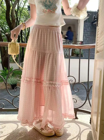 Summer Sweet Kawaii Polka Dot Skirt Women's Elegant Cute Elastic Waist Long Skirts Korean Fashion Casual Loose Clothing Chic New