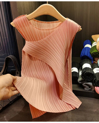 Sleeveless T-shirt Miyake Pleated Summer New Round Neck Slim Thin Versatile Irregular Women's Undershirt Tops Multiple Ways Wear